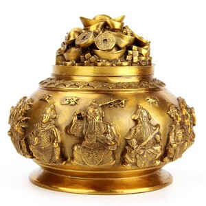开盖聚宝c盆摆件纯铜五路财神大号工艺品家居客厅装饰品办公室开