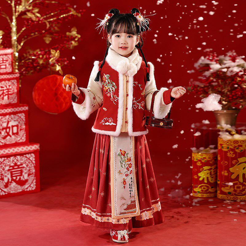 拜年服女童中国风汉服唐装新中式冬装加绒加厚儿童喜庆过年红衣服