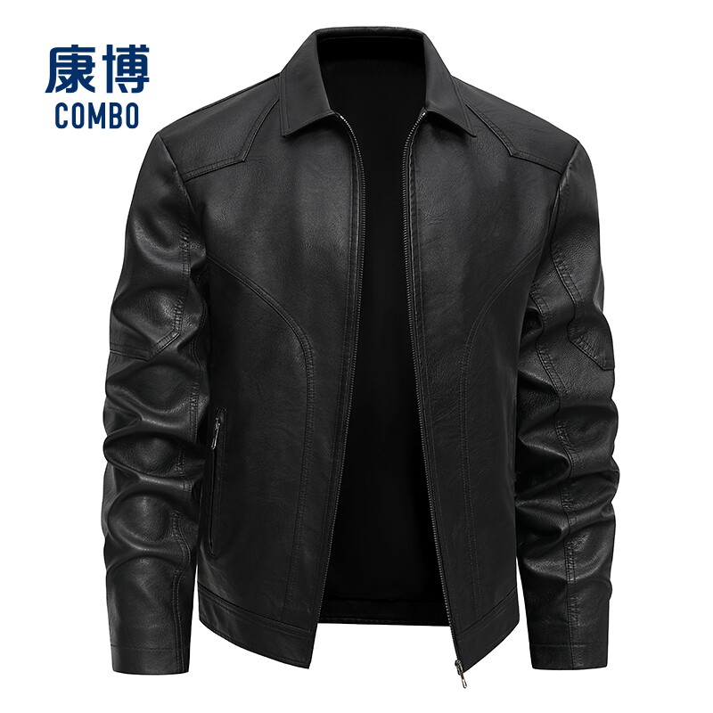 康博男士冬季款加绒加厚翻领皮衣