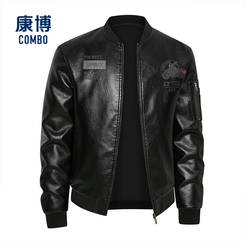 康博男士冬季新款棒球领皮夹克男