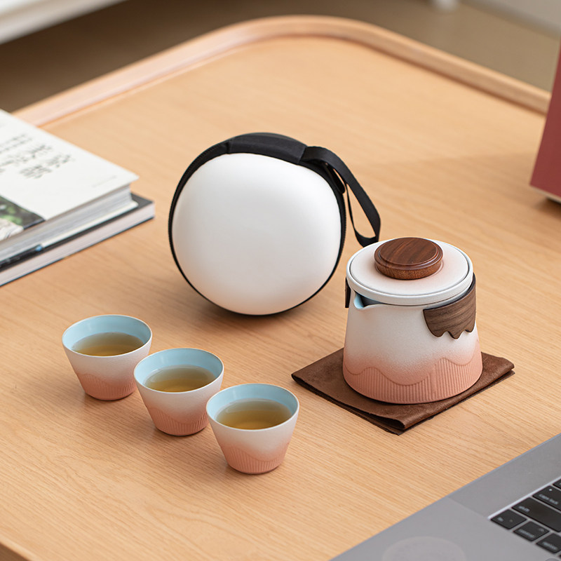 粉色渐层旅行茶具套组一壶三杯户外露营随身泡茶Q壶可携式收纳包