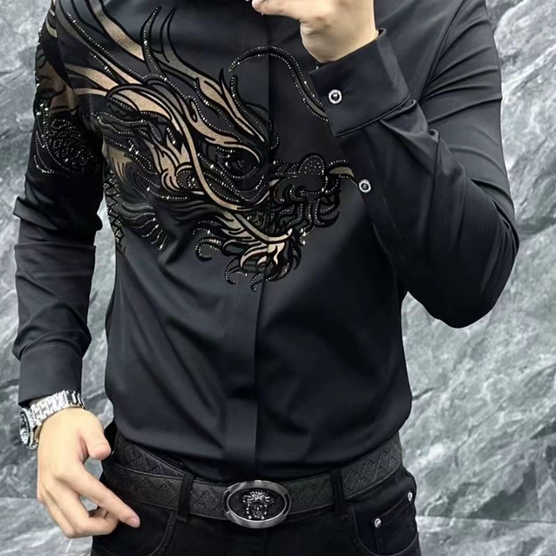 2023男士秋冬新品时尚衬衫欧货烫钻弹力小衫厚款无痕修身弹力衬衫