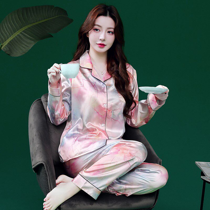 春秋季长袖薄款女士睡衣套装夏天冰丝丝绸女款可外穿家居服俩件套