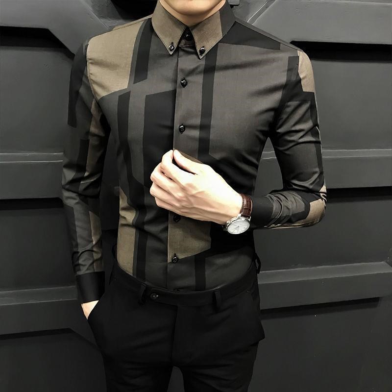 春夏秋冬新款男士格子长袖衬衫商务修身时尚绅士免烫薄款加绒衬衣
