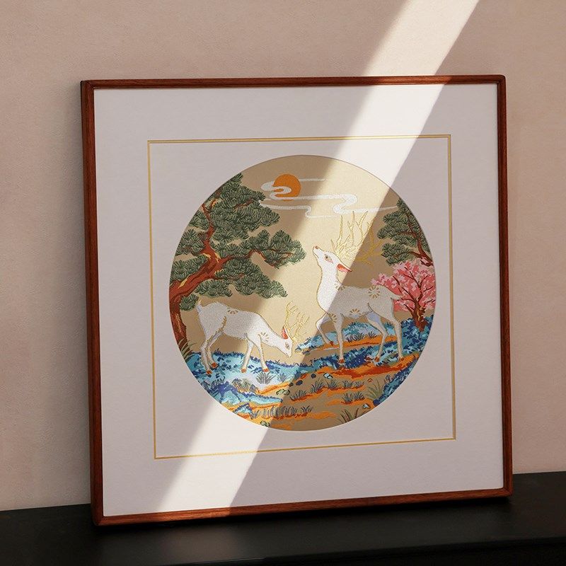 南京云锦松鹿f献瑞手工非遗中国风特色大幅装饰画刺绣客厅卧室挂