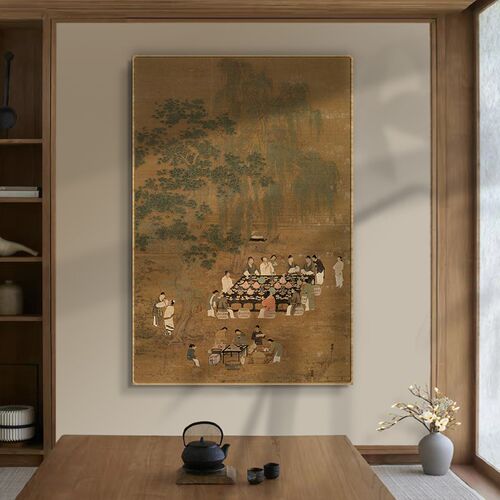 文会图新中式餐厅横幅装饰画茶室B背景墙明清古典挂画玄关竖版带