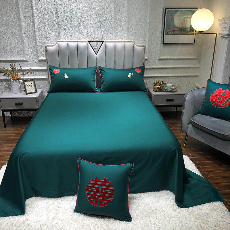 百子图婚庆全棉i绿色新婚双人被套床上用品大红印花喜被四件套