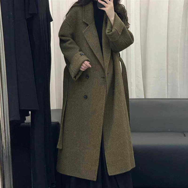 新款秋冬长款双面羊毛大衣女韩系双排扣腰带宽松加厚保暖毛呢外套
