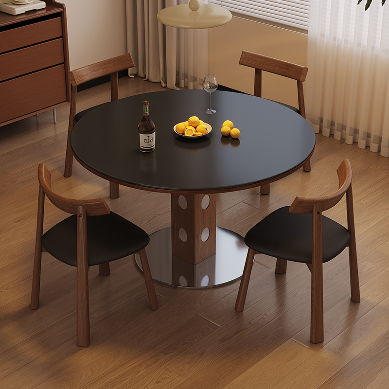香丽华庭2025新款岩板餐桌小户型家用中古复古风圆桌洽谈桌椅组合