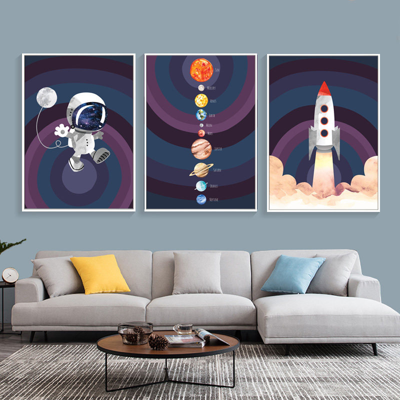 儿童房装饰画男孩房间挂画北欧墙画幼儿园卡通卧室画太空星球壁画