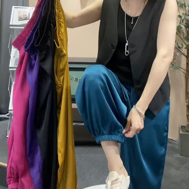 欧货2024夏季高级感醋酸缎面宽松休闲裤女薄款灯笼裤束脚裤九分裤