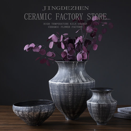 北欧轻奢复古流银陶罐花瓶摆件样板间插花玄关电视柜陶瓷瓶插花器