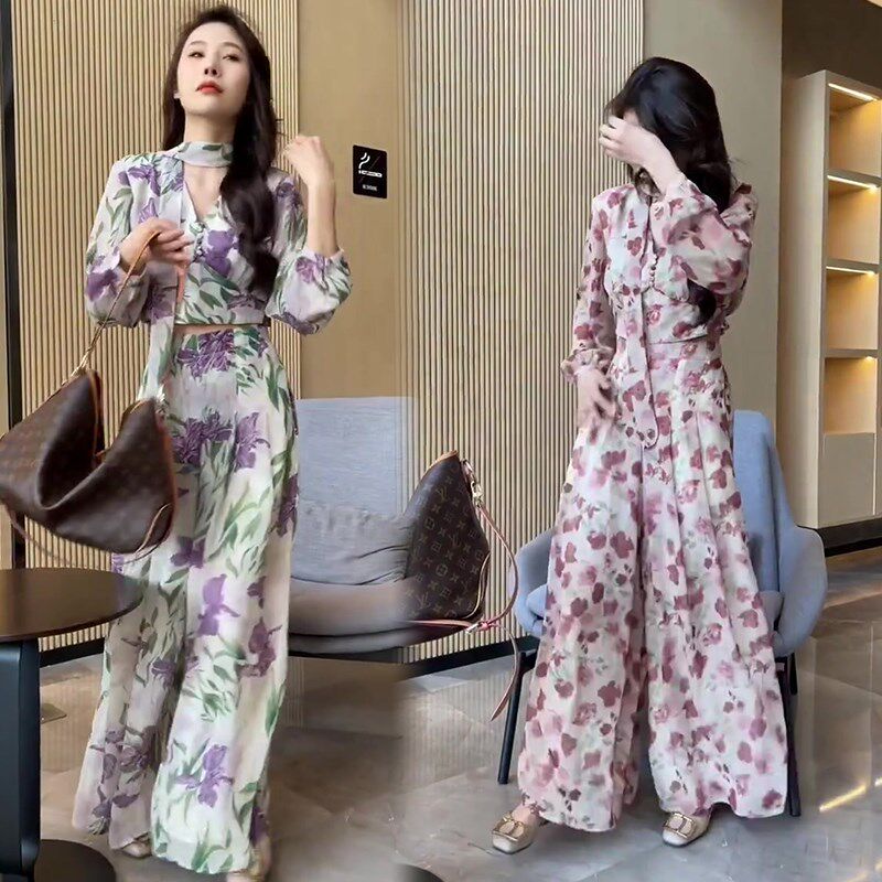 网红爆款雪纺时尚套装女2023年春夏新款韩版短款系带上衣+裤裙潮