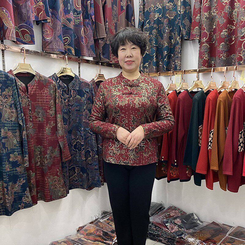 中年人民族风立领T恤打底衫女2022春秋新款烫金宽松妈妈长袖T恤衫