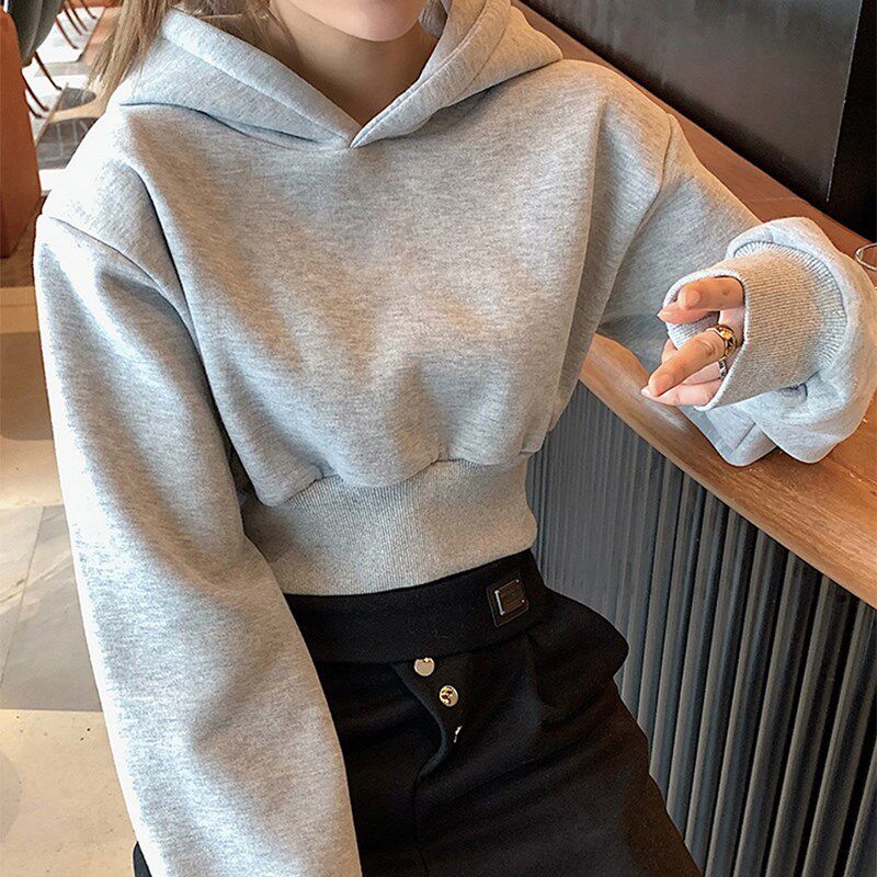 美式灰色短款连帽套头卫衣女秋冬小个子2024新款爆款宽松长袖上衣