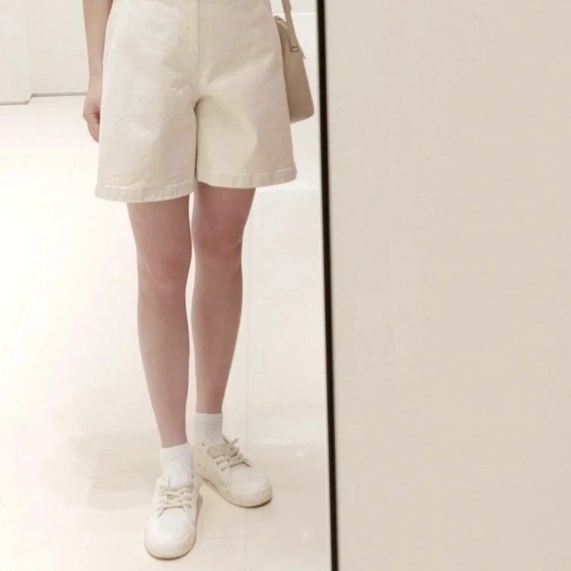 夏天百搭白色~!宽裤腿显瘦!柔软超舒服 水洗高腰 牛仔短裤中裤