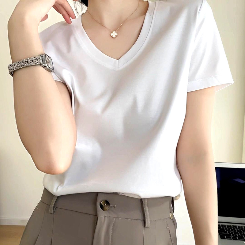 短袖女夏季2025新款高级感鸡心领t恤女显瘦纯白色质感V领正肩体恤