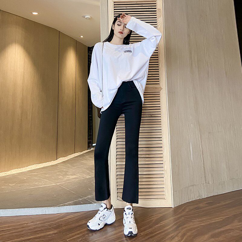 黑色薄绒小个子八分微喇牛仔裤女秋冬高腰阔腿九分显瘦修身喇叭裤