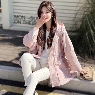 粉色连帽风衣外套女春秋新款韩版宽松大码休闲小个子中长款冲锋衣