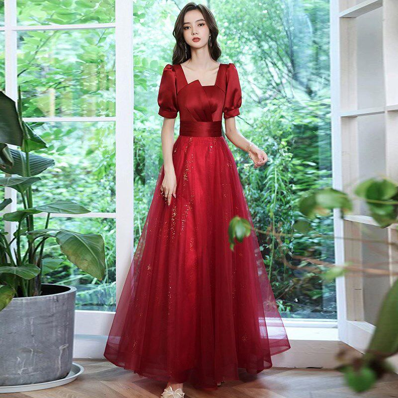 高级感短袖敬酒服新娘结婚订婚高端晚礼服裙女宴会长版洋装子