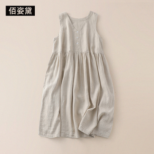 v领a字裙亚麻料中长款 无袖 绿色裙子 新款 棉麻吊带背心连衣裙女夏季