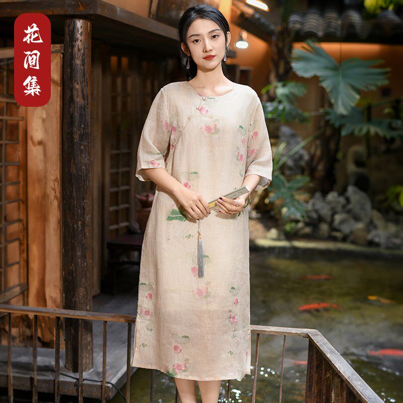 新中式夏季新款连衣裙气质棉麻女装大码长裙子苎麻重工艺改良旗袍