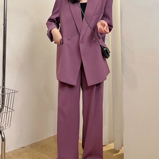 女高级感轻熟风时尚 紫色休闲胖mm大码 套装 西装 炸街减龄两件套 阔版