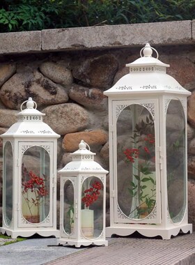 复古白色欧式铁艺风灯蜡烛台马灯 婚庆路引舞台婚房摆件庭院家居