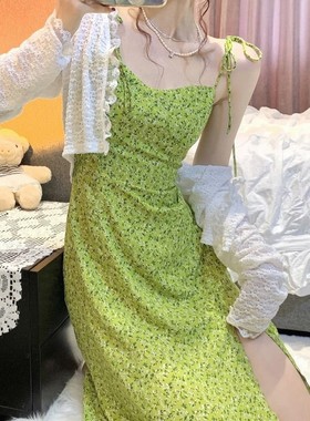 绿色吊带裙子蕾丝罩衫套装雪纺碎花裙吊带裙显瘦修身洋装女春秋