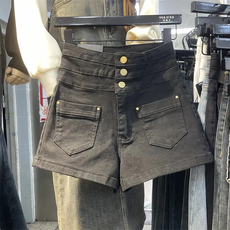 欧货2024超高腰单排扣双口袋黑色弹力牛仔短裤辣妹显腿长热裤飒