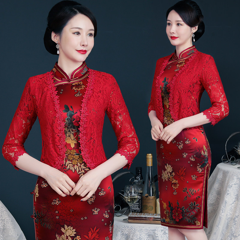 洋气红色旗袍披肩婚礼妈妈夏季配裙子蕾丝开衫喜婆婆婚宴装外搭