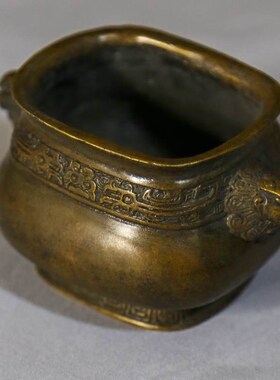 仿古彝炉纯铜香炉天鸡耳蟹壳青手工烧色铜炉古纹失蜡法线香熏香炉