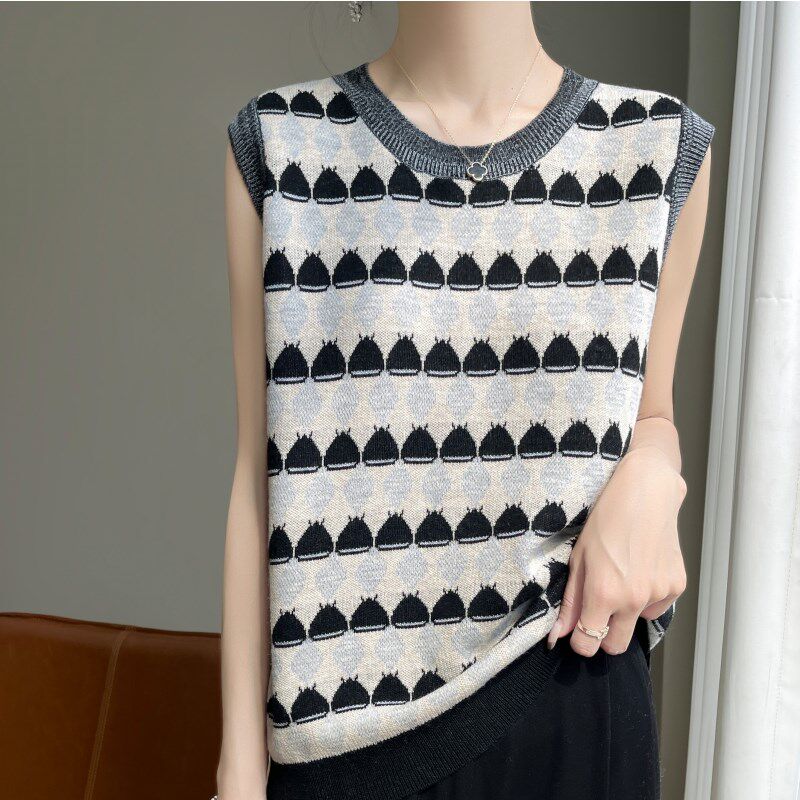 夏季宽松法式镂空提花纯棉线条纹针织背心女外穿上衣吊带无袖马甲