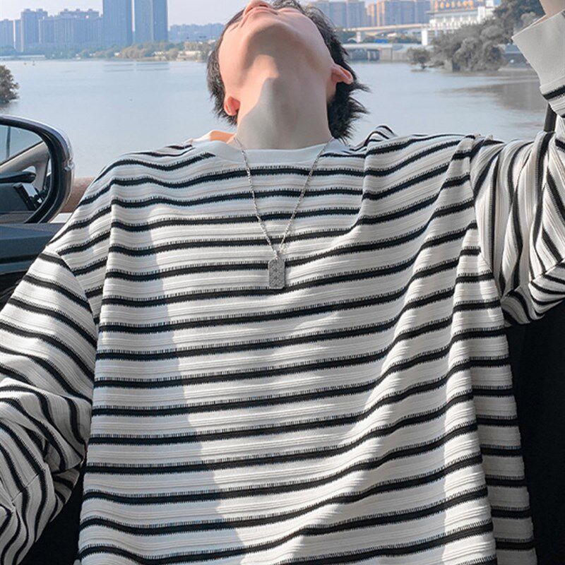 条纹卫衣男春秋季2025新款百搭大码圆领长袖T恤男装宽松休闲外套