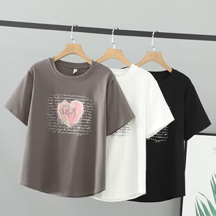200斤T恤女爱心印花圆领短袖 加肥加大码 夏装 胖妹妹新款 上衣 女装