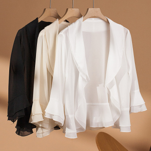 百搭开衫 女士翻领纯色雪纺纯色薄款 新款 短外套小披肩外搭2024夏装