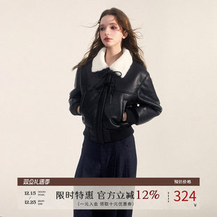 NEW 皮毛一体机车服夹克加厚加绒黑色皮衣外套女 EMPIRE25冬季