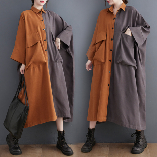 拼接连衣裙文艺拼色大口袋衬衫 宽松大版 裙加肥加大潮 新款 2022秋季