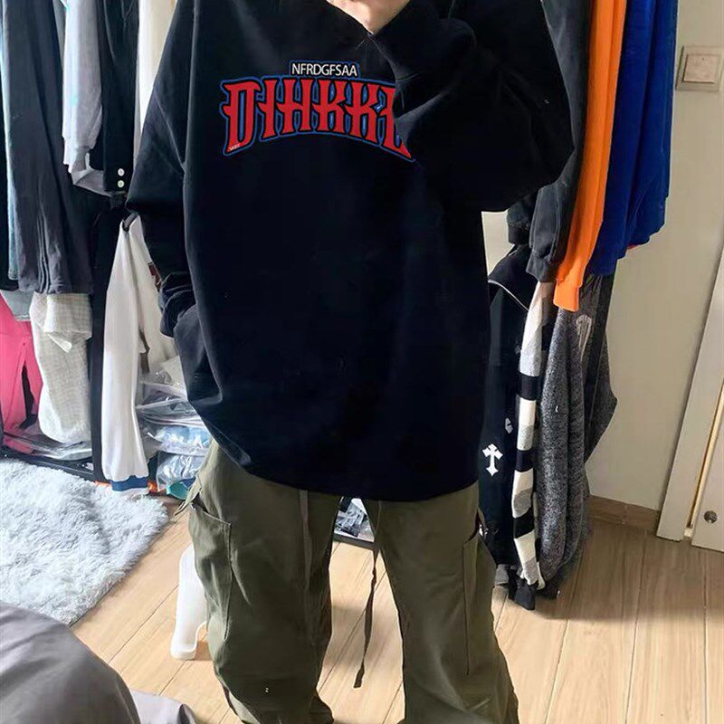 美式复古黑色长袖t恤女小众设计感春秋薄款2023新款宽松圆领上衣