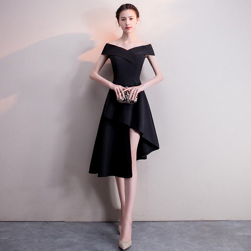 小礼服女2024新款高贵黑色一字肩中长款洋装学生宴会晚礼服连衣裙