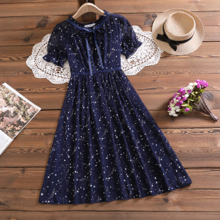 短袖 甜美木耳领小清新雪纺碎花收腰显瘦中长款 连衣裙 新款 2021夏季