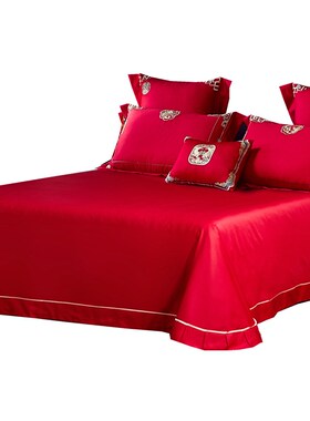 单件结婚床单 大红色刺绣床单婚庆床上K用品铺床纯色被单 陪嫁