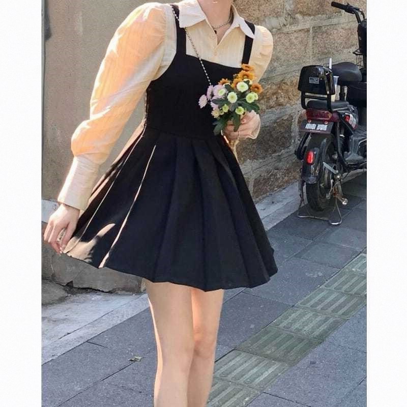 秋季新款假两件泡泡袖连衣裙女装韩版收腰气质显瘦长袖百褶裙裙子