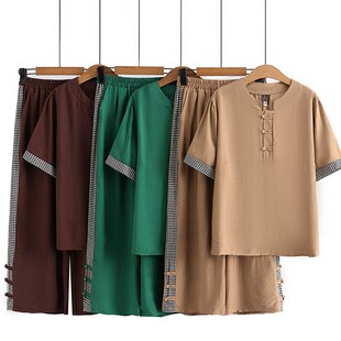 套装 短袖 洋气中老年女装 新款 T恤奶奶棉麻两件套 夏季 中年妈妈夏装