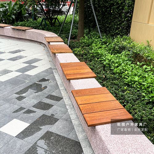 户外实木坐凳石j板座椅菠萝格木室外长椅公园椅定制广场休闲坐椅