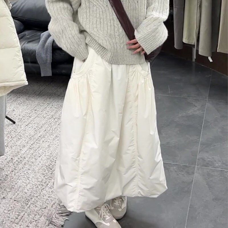 白色加厚保暖棉半身裙女2024冬季新款韩系休闲风松弛感A字花苞裙