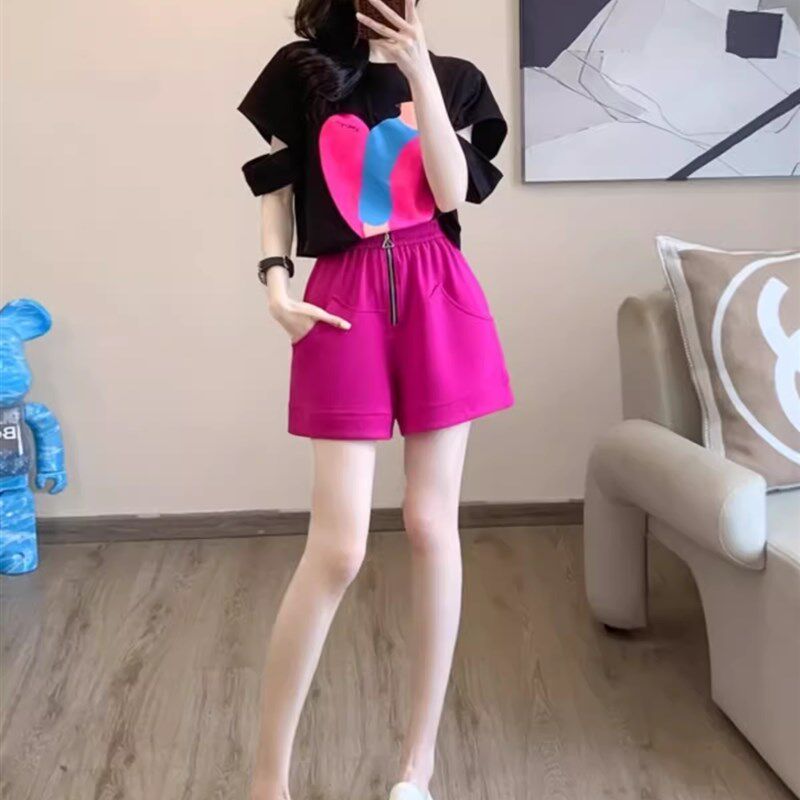 欧货休闲运动套装女夏洋气减龄别致独特上衣高腰阔腿短裤两件套潮