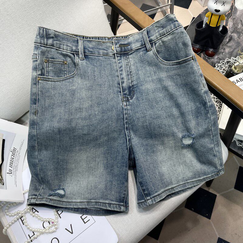 胡子叔大码牛仔短裤女夏季胖mm宽松显瘦弹力休闲高腰阔腿破洞裤潮
