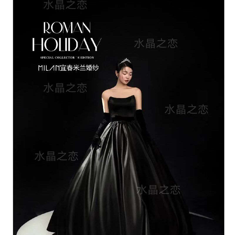 影楼法式复古黑色抹胸赫本风小礼服情侣拍照街拍婚纱主题户外写真