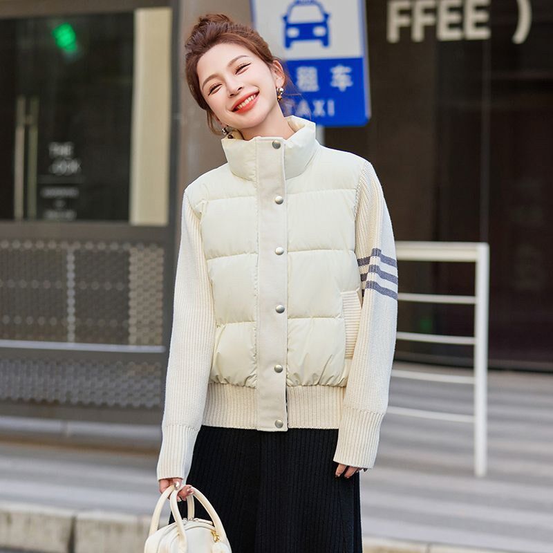 白色休闲羽绒棉服女2024冬季新款时尚短款高级感立领保暖针织外套